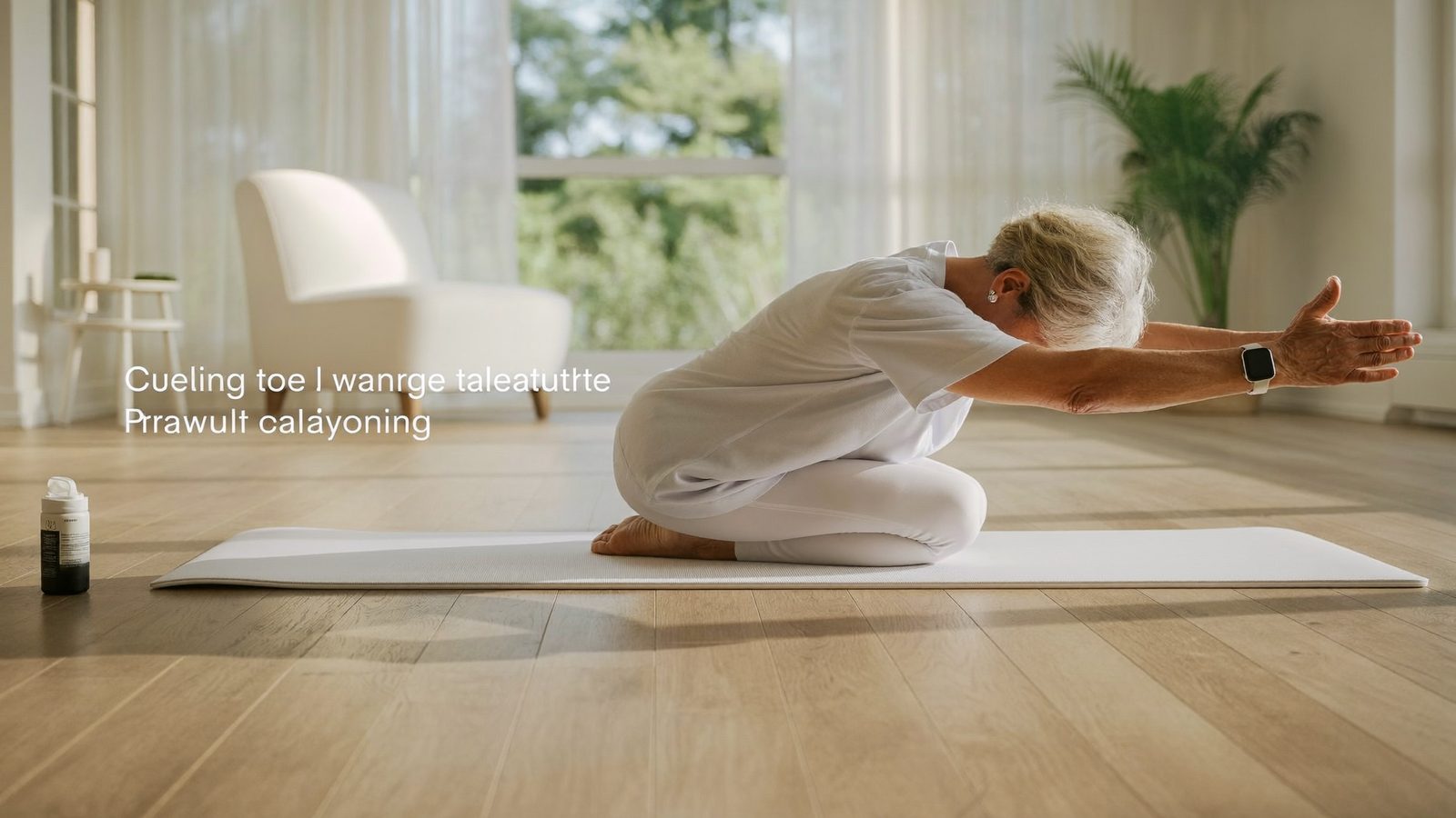 An older adult training balance at home while wearing a smartwatch