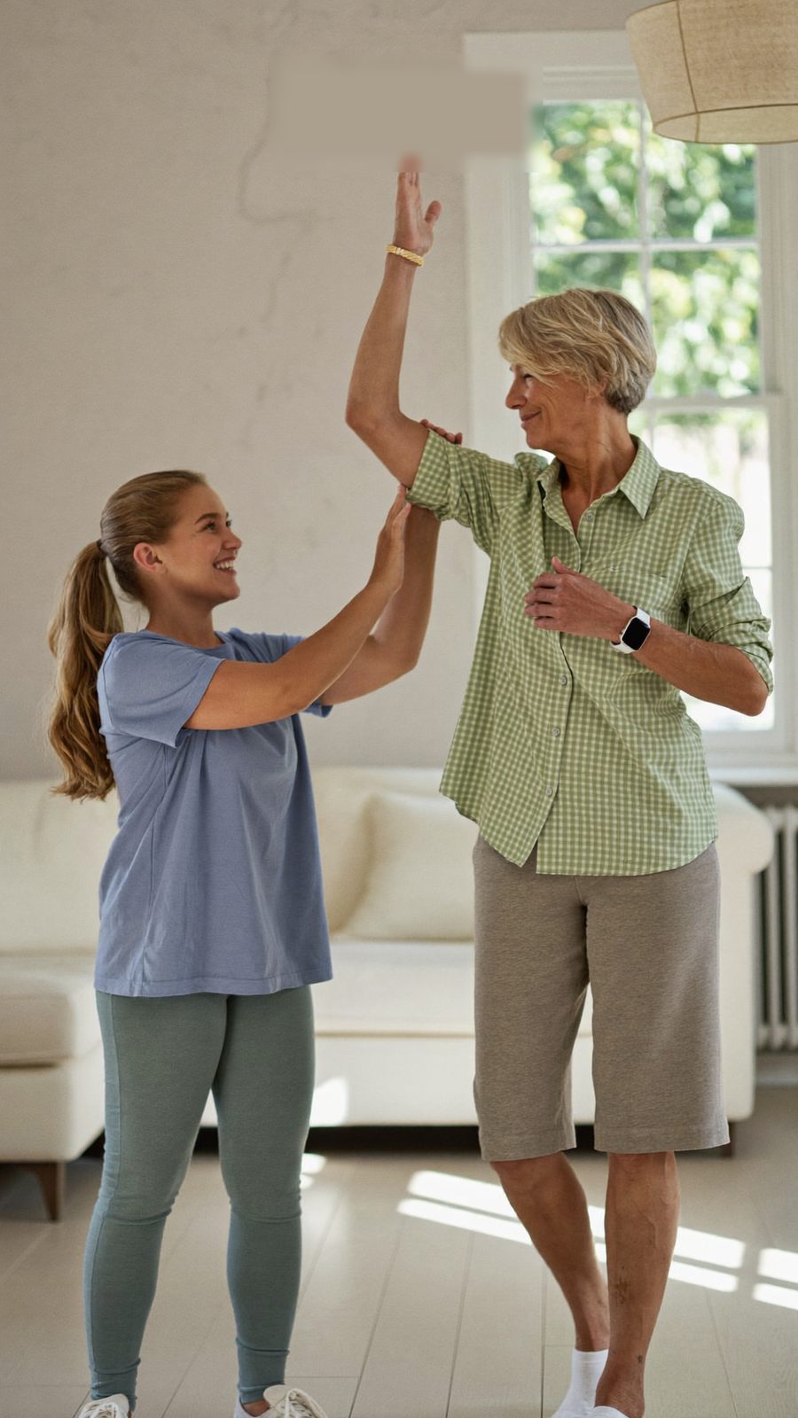 A daughter encouraging her mother during a balance exercise
